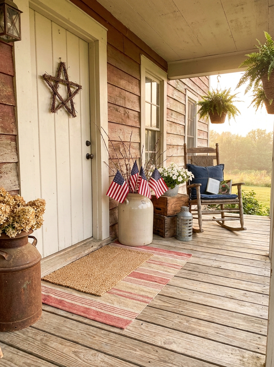 Vintage Crocks Filled With American Flags