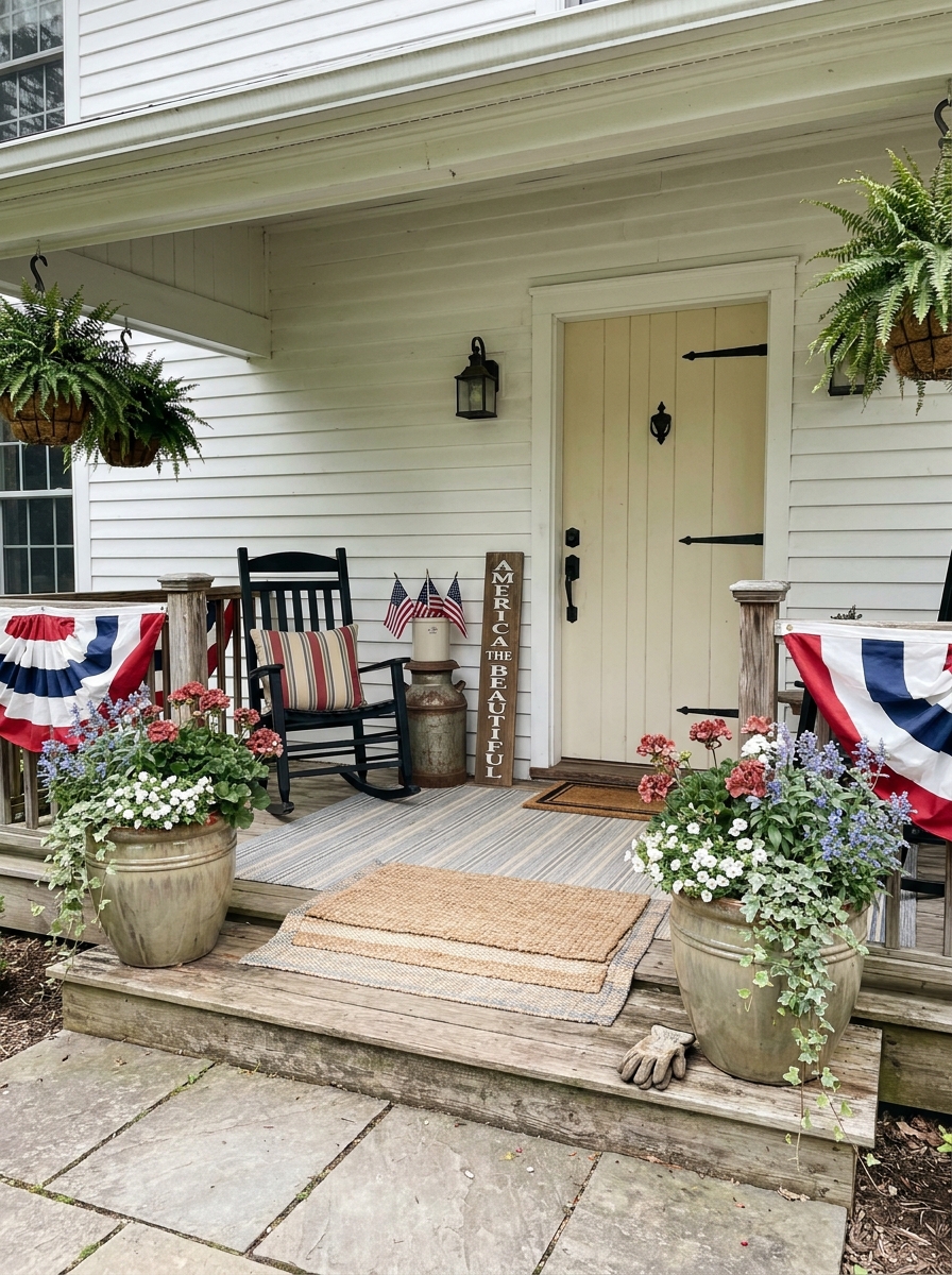 Matching Planters With Red, White, and Blue Blooms